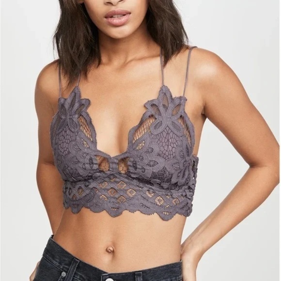 Free People Adella Bralette Gray Blue XS Smocked Crop Top Lace Summer Boho Beach - Picture 1 of 9